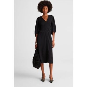Madewell Women 8 Black Ruched Puff Sleeve V-Neck Midi Dress NWT